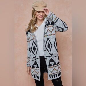 Northern Angel Hooded Sherpa-Lined Tribal Knit Cardigan  size M